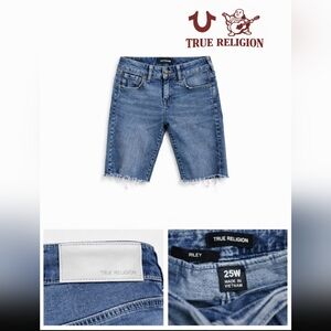 Y2K True Religion Riley Denim Shorts Women 25W Blue Frayed Hem Designer Jean.